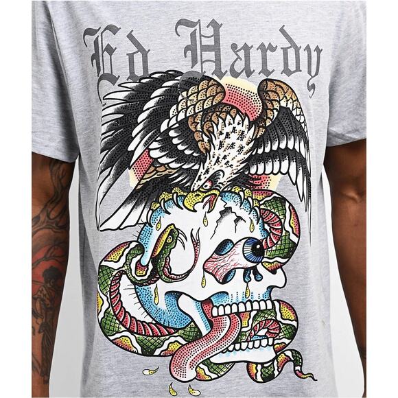 Ed Hardy Men's T-Shirt Rhinestone Battle Skull Eagle Snake Short Sleeve Tee - Picture 7 of 7